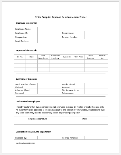 Office Supplies Expense Reimbursement Sheet