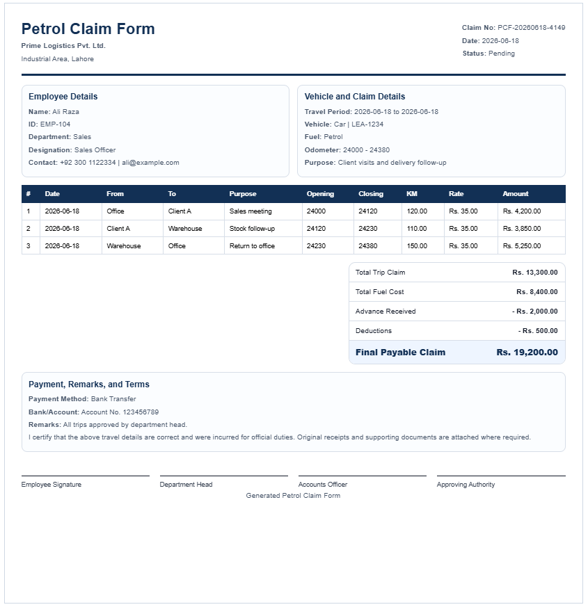 Petrol Claim Form Template