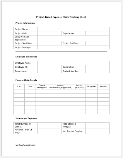 Project-Based Expense Claim Tracking Sheet