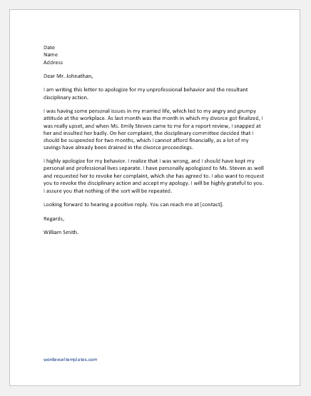 Apology Letter for Disciplinary Action