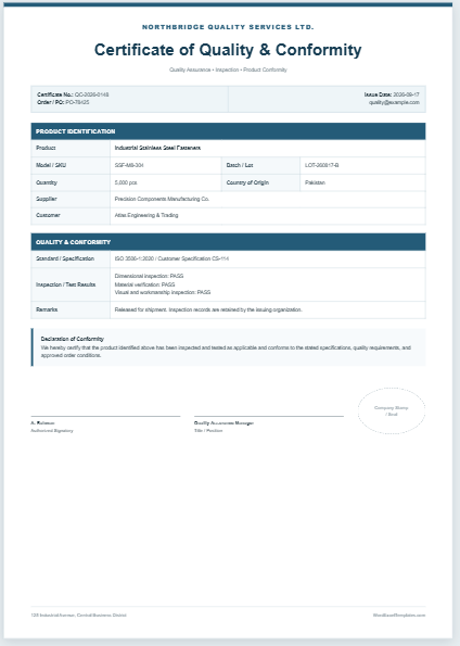 Certificate of quality and conformity