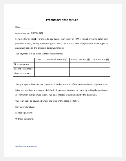 Promissory Note for Car