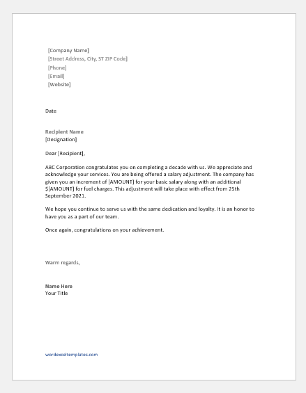 Salary Adjustment Letter Template