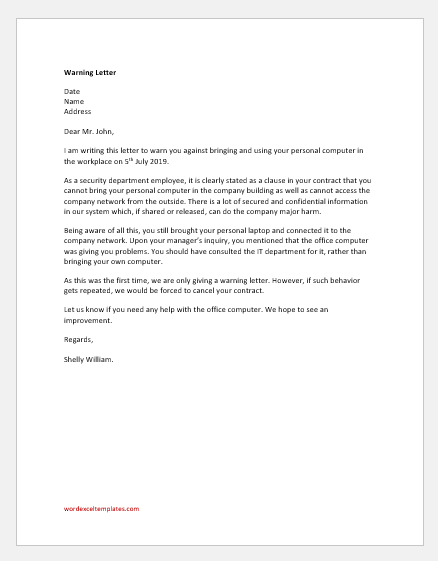 Warning Letter for Using Personal Computer at Workplace