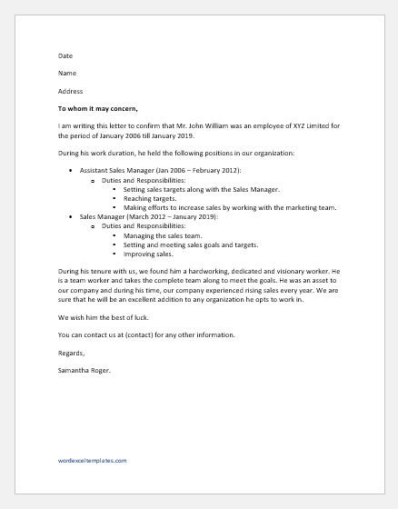 Work Experience Letter for Multiple Positions