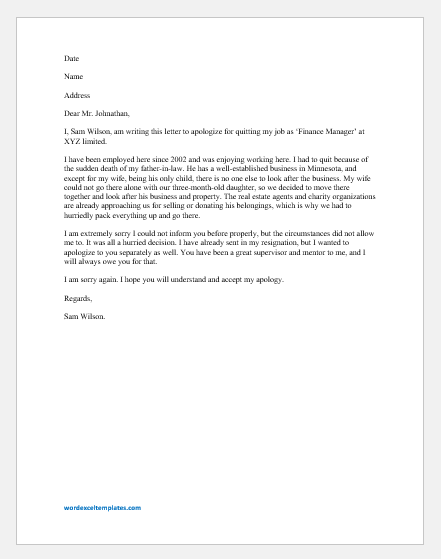 Apology Letter to Boss for Quitting Job