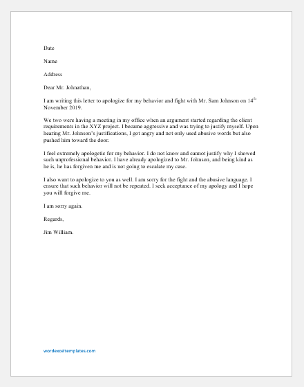 Apology Letter to Boss for having a Fight with Colleague