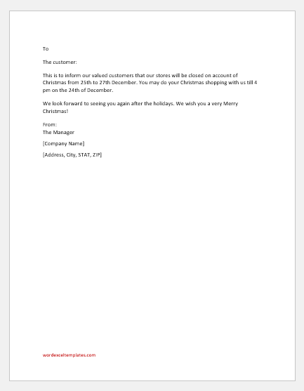 Christmas Closure Email