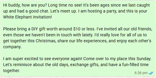 White Elephant Invitation Message
