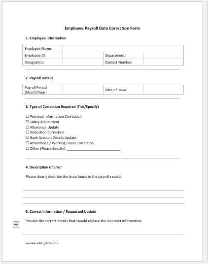 Employee Payroll Data Correction Form