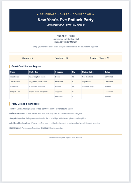 New Year Eve Potluck Signup Sheet