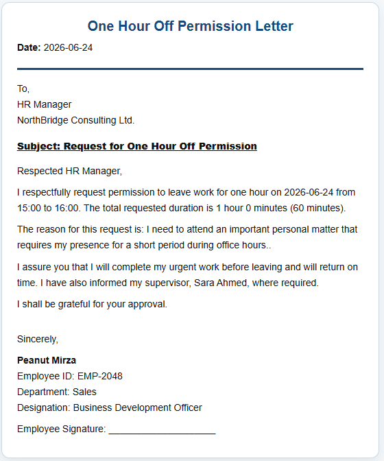 One hour off permission letter