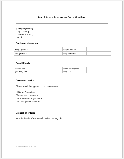 Payroll Bonus & Incentive Correction Form