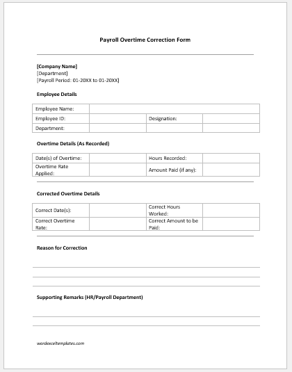 Payroll Overtime Correction Form