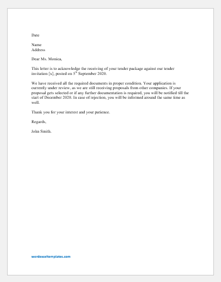 Tender Acknowledgment Letter Template