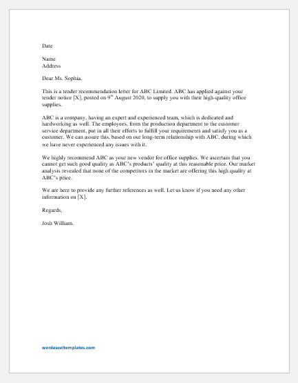 Letter Of Recomendation Letter from www.wordexceltemplates.com