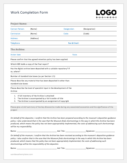 Work Completion Form