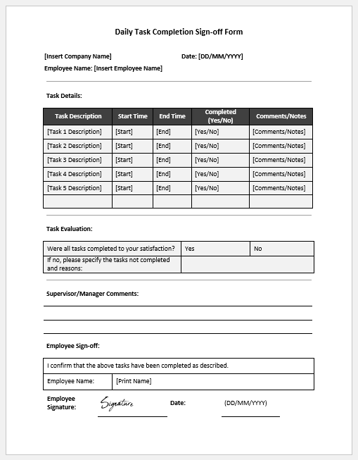 Daily Task Completion Sign-off Form