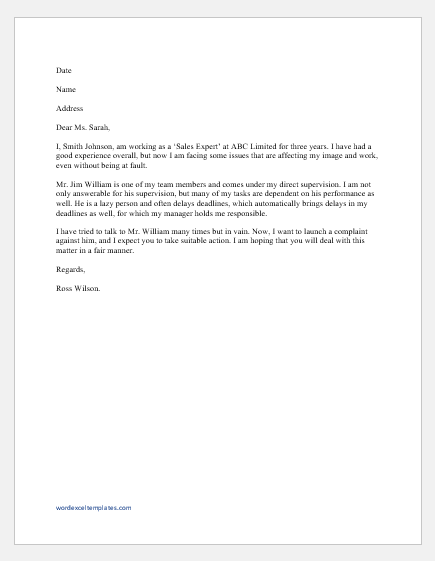 Employee Complaint Letter To HR Word Excel Templates