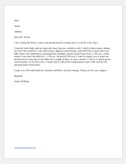 Letter Asking Permission to Come Late to Work | Copy samples