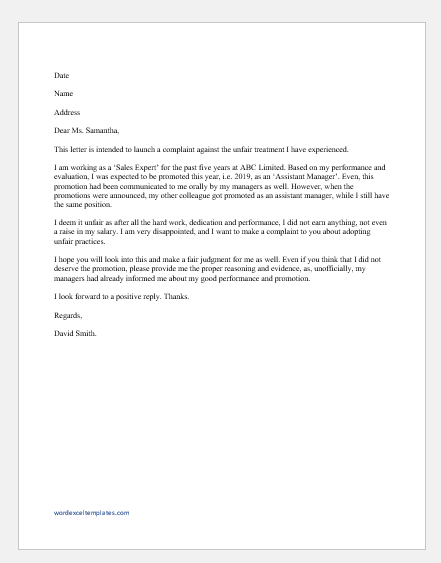 Letter of Complaint for Employer Unfair Treatment