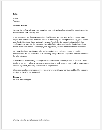 Warning Letter for being Rude and Confrontational