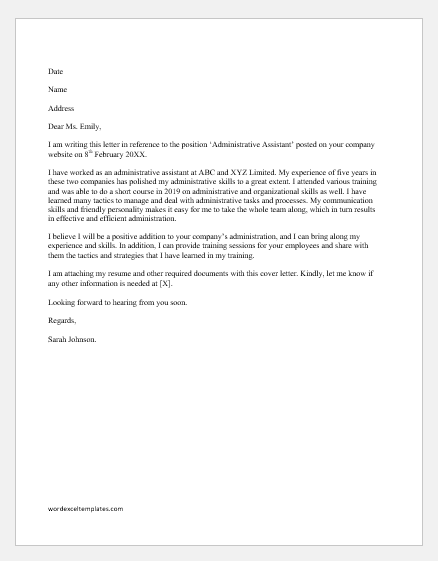 Cover Letter Sample For Admin Assistant from www.wordexceltemplates.com