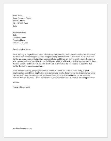 Letter of concern to management for employee performance
