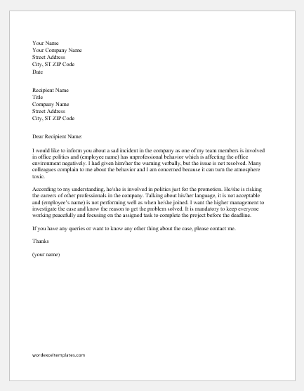 Letter of concern to management for unprofessional behavior