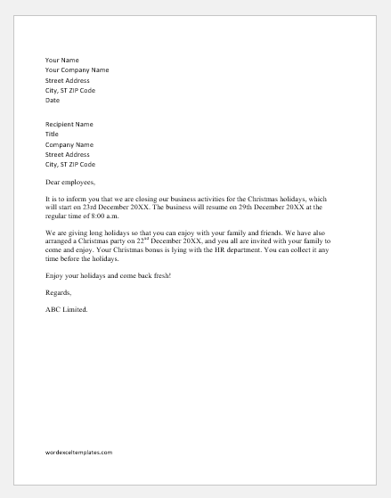 Letter Of Business Closure from www.wordexceltemplates.com