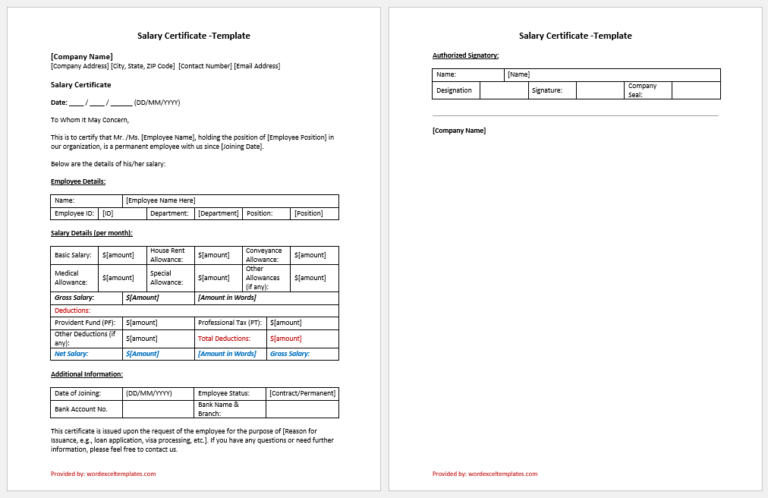 Salary Certificate Format