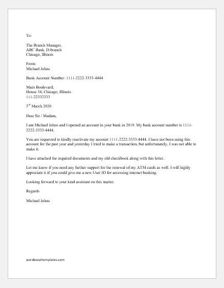 Bank Account Reactivation Letter