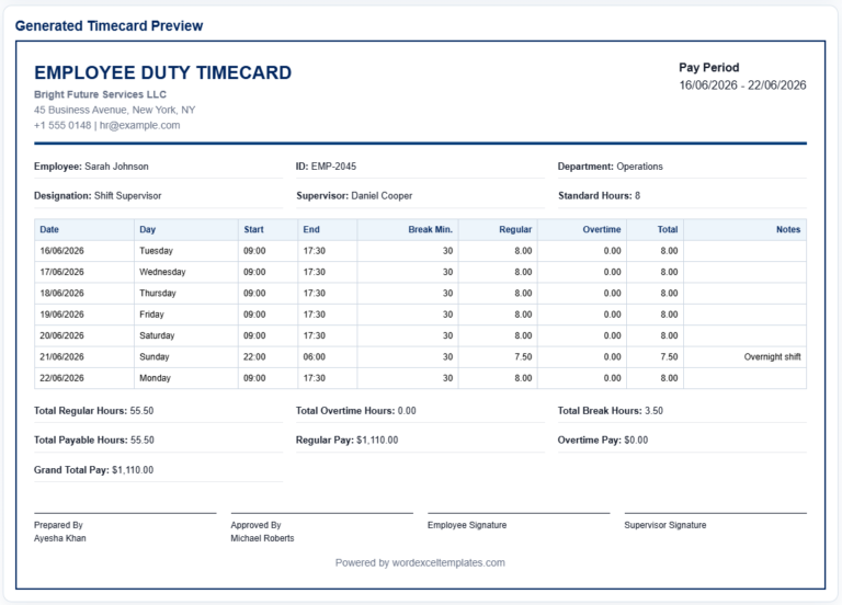 Employee Duty Time Card