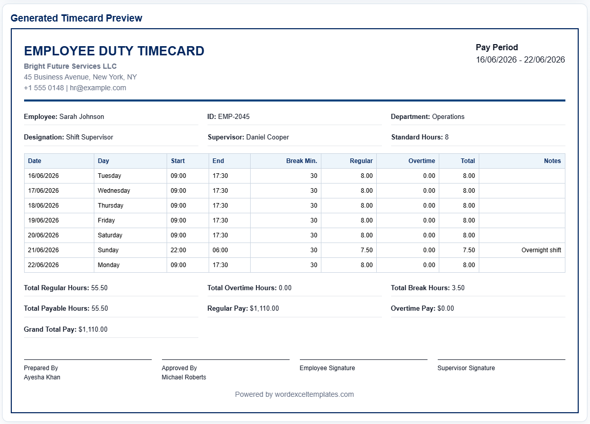 Employee Duty Time Card