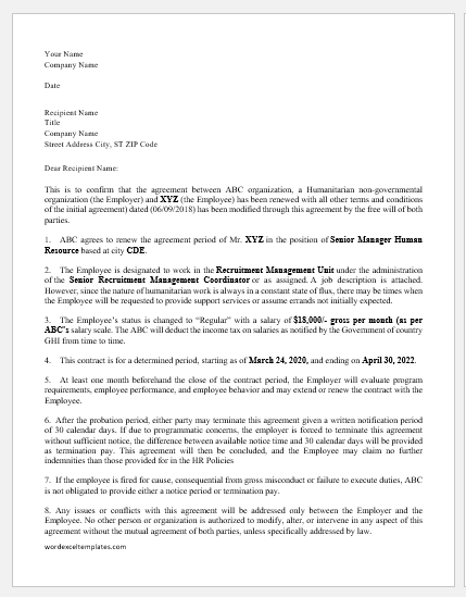 Job Renewal Agreement Letter