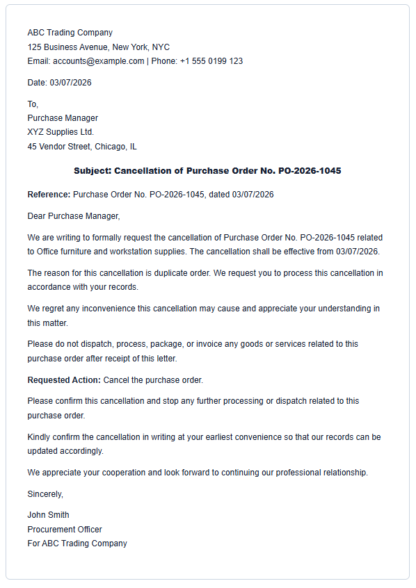 Purchase Order Cancellation Letter Template