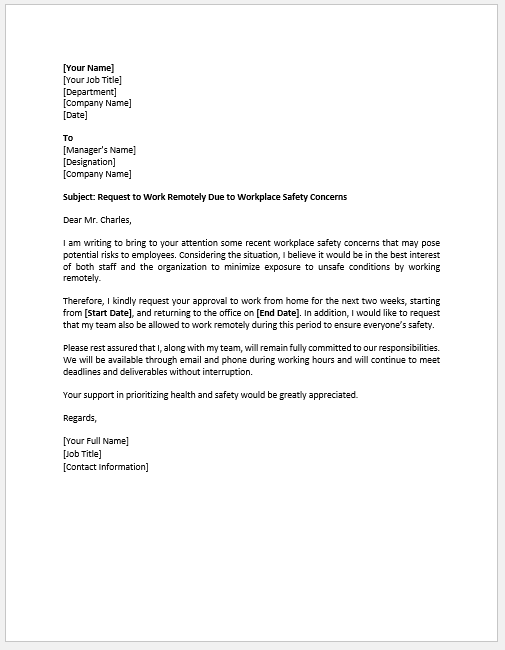 Remote Work Request Letter due to Workplace Safety Concerns