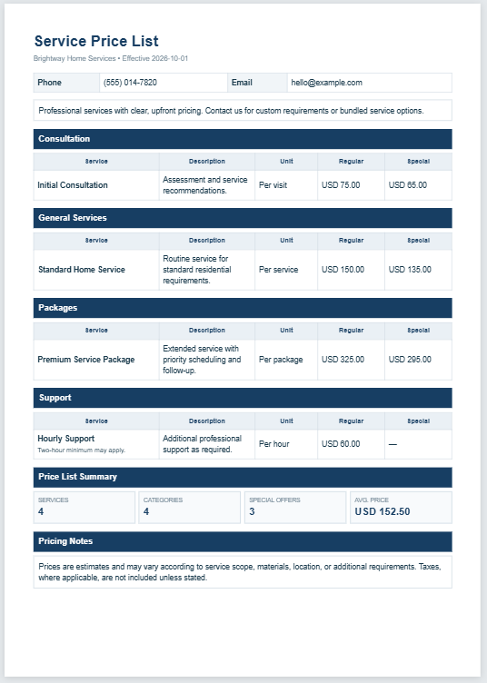 Service Price List Template