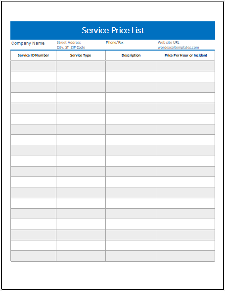 Service Price List Template for Excel