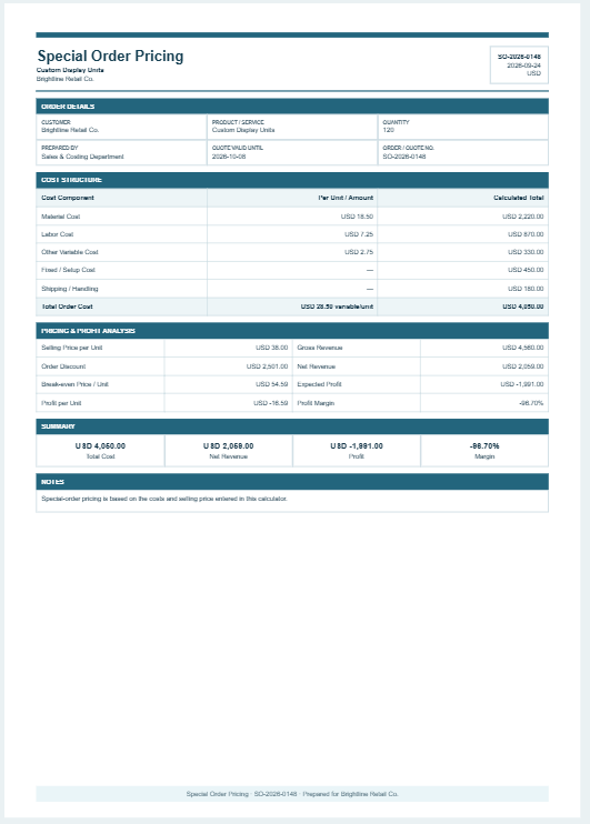 Special Order Pricing Template