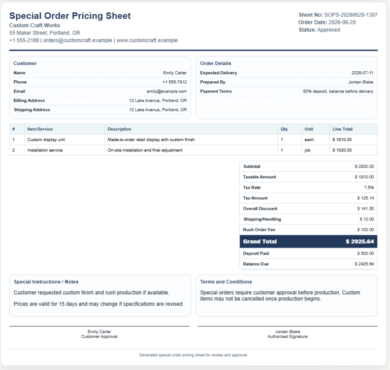Special Order Pricing Template