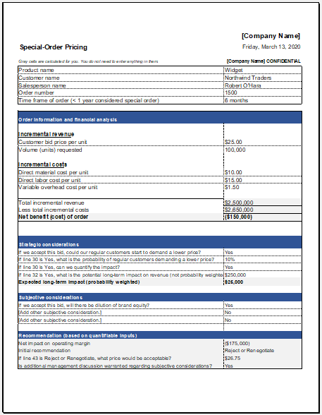 Special Order Pricing Template for Excel