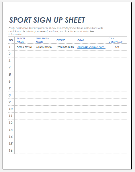 Sports SignUp Sheet Template