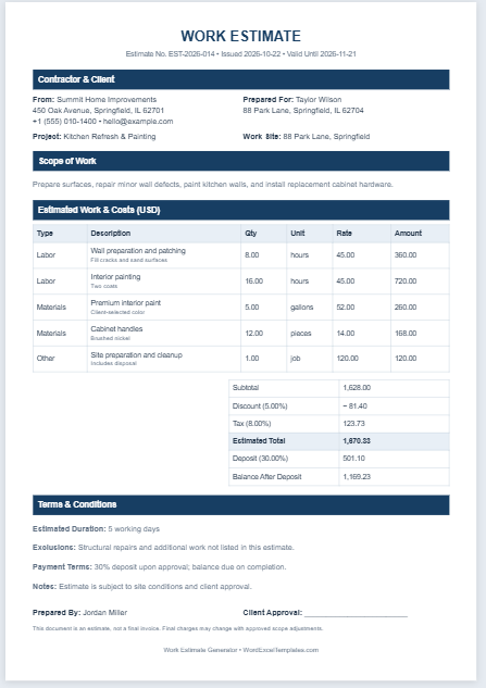 Work Estimate Generator