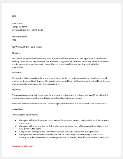 Working from Home Policy Letter Template for Word
