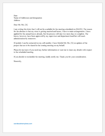 Absence excuse letter for meeting