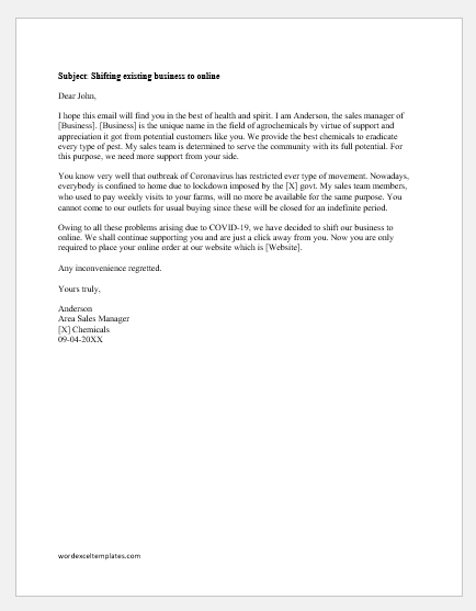 Email to Customer Shifting Business to Online