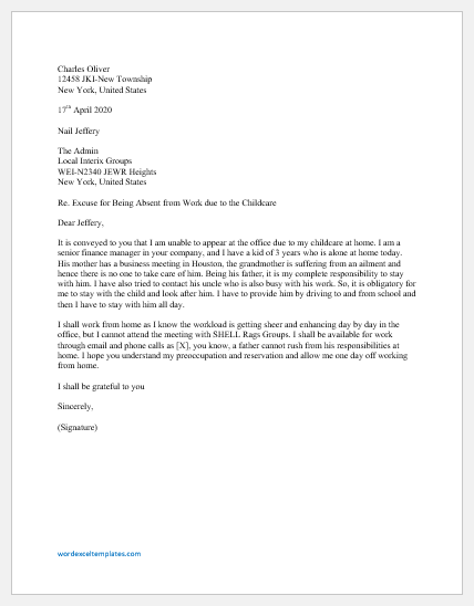 Absence Excuse Letter Due To Childcare Word Excel Templates