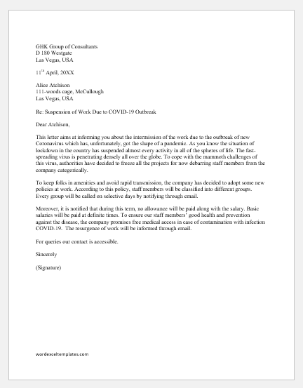 Letter to Suspend Work due to COVID-19
