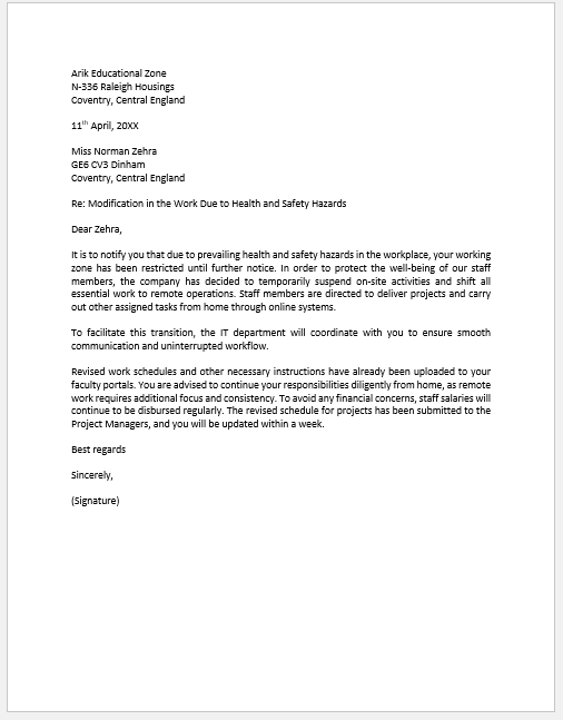 Letter to Suspend Work due to Health & Safety Hazards